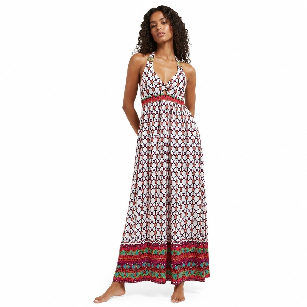 Trina Turk Venice Beach Maxi Dress Halter Sleeveless Geometric M‎ Boho Resort